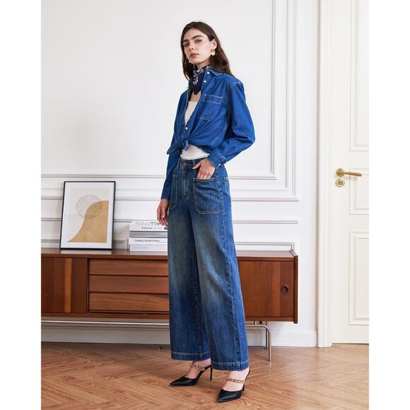 Women’s High Waisted Stretchy Wide Leg Jeans Tummy Control Casual Pants - Picture 6 of 7